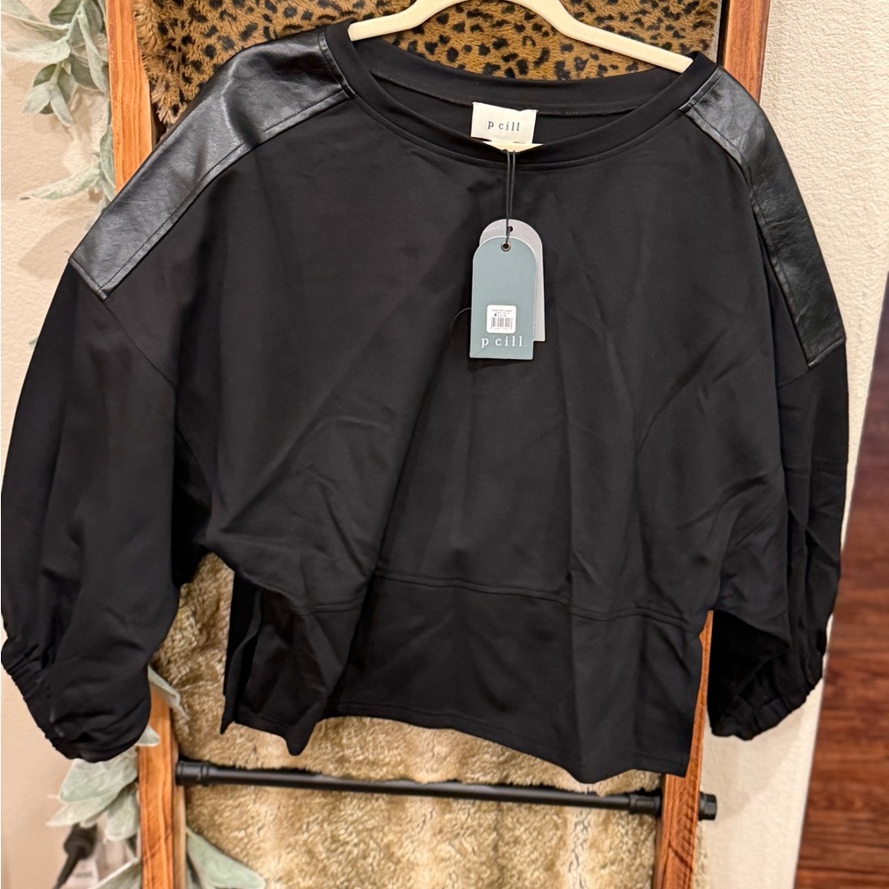 Black Pullover Top with Faux Leather Shoulder Panels